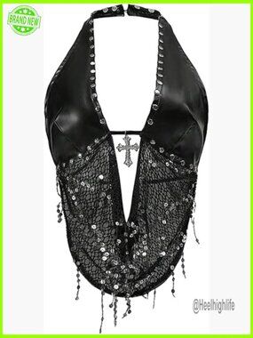Halter Tie Back Sequin Studded Party Crop Top Grunge Y2K